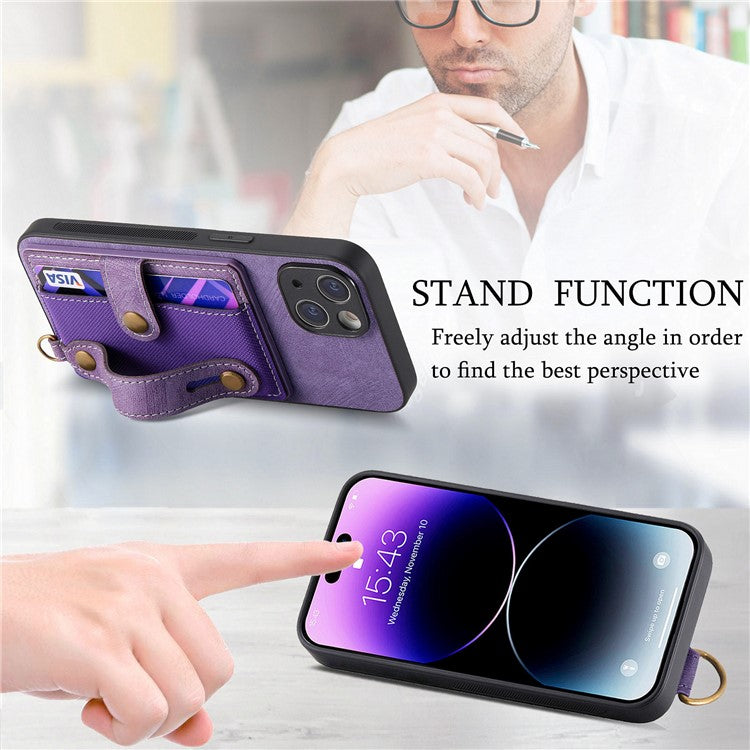 D9 For iPhone 14 Case Wristband PU Leather Vintage Texture Shockproof Cover - Purple