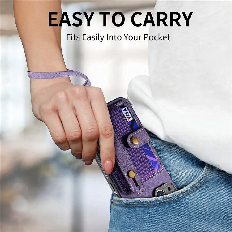 D9 For iPhone 14 Case Wristband PU Leather Vintage Texture Shockproof Cover - Purple