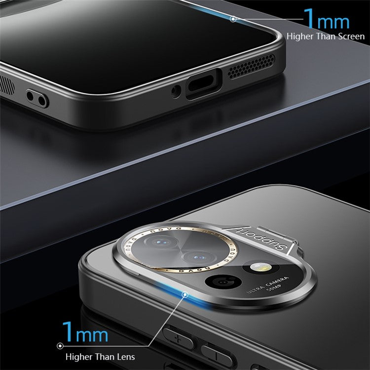 Kickstand Phone Case for Huawei nova 12 5G Matte PC+TPU Shell with Tempered Glass Lens Cover - Cyan