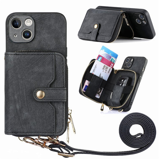 D3 for iPhone 14 Case Card Holder Slots Zipper Pocket Leather Back Cover with Lanyard - Black