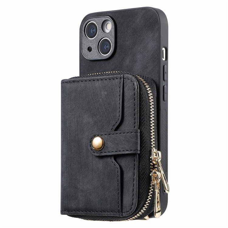 D3 for iPhone 14 Case Card Holder Slots Zipper Pocket Leather Back Cover with Lanyard - Black