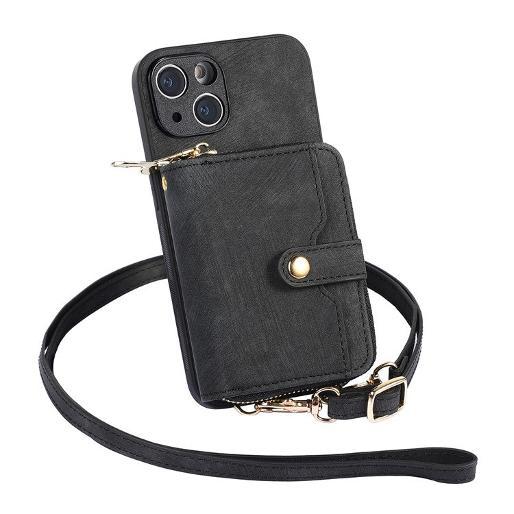 D3 for iPhone 14 Case Card Holder Slots Zipper Pocket Leather Back Cover with Lanyard - Black