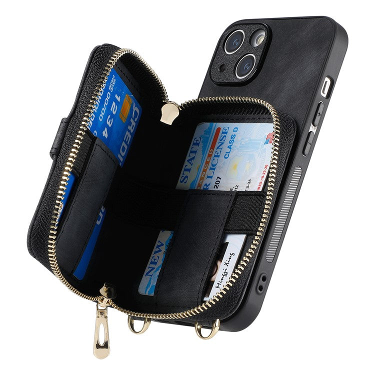 D3 for iPhone 14 Case Card Holder Slots Zipper Pocket Leather Back Cover with Lanyard - Black