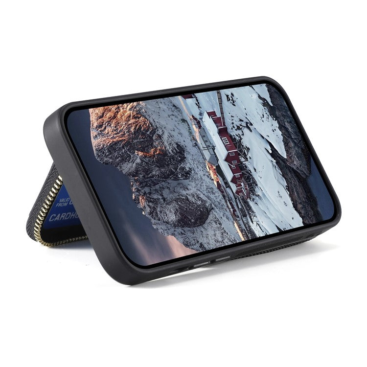 D3 for iPhone 14 Case Card Holder Slots Zipper Pocket Leather Back Cover with Lanyard - Black