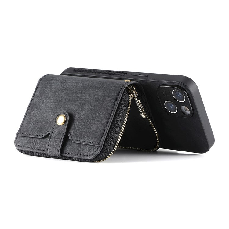 D3 for iPhone 14 Case Card Holder Slots Zipper Pocket Leather Back Cover with Lanyard - Black