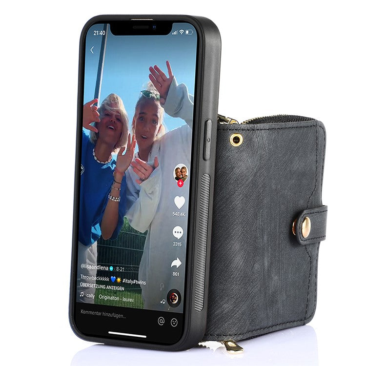 D3 for iPhone 14 Case Card Holder Slots Zipper Pocket Leather Back Cover with Lanyard - Black