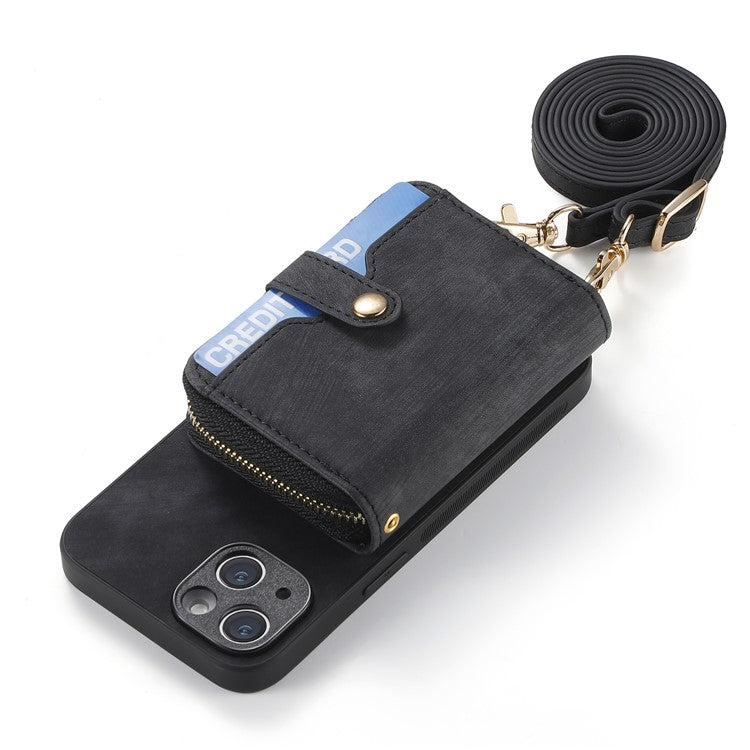 D3 for iPhone 14 Case Card Holder Slots Zipper Pocket Leather Back Cover with Lanyard - Black
