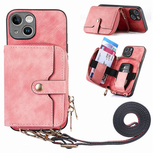 D3 for iPhone 14 Case Card Holder Slots Zipper Pocket Leather Back Cover with Lanyard - Rose Pink
