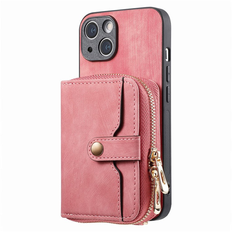 D3 for iPhone 14 Case Card Holder Slots Zipper Pocket Leather Back Cover with Lanyard - Rose Pink
