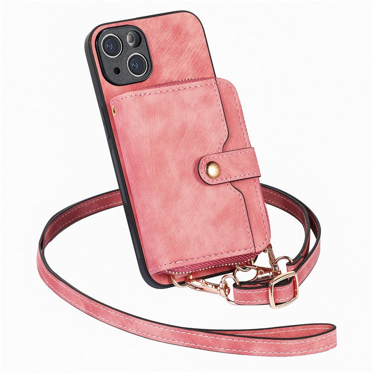 D3 for iPhone 14 Case Card Holder Slots Zipper Pocket Leather Back Cover with Lanyard - Rose Pink