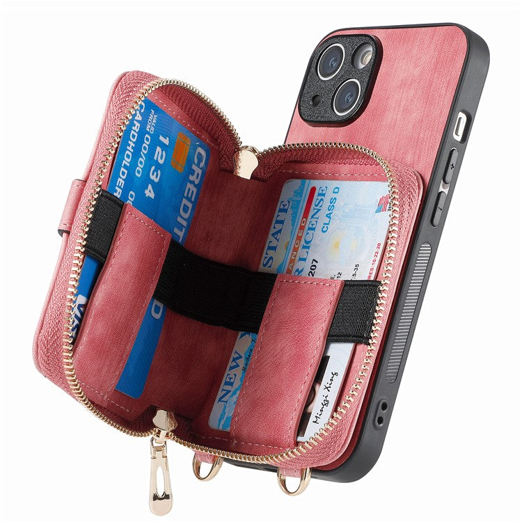 D3 for iPhone 14 Case Card Holder Slots Zipper Pocket Leather Back Cover with Lanyard - Rose Pink