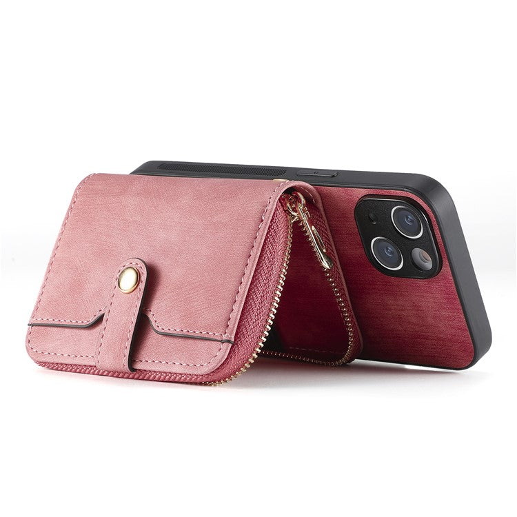 D3 for iPhone 14 Case Card Holder Slots Zipper Pocket Leather Back Cover with Lanyard - Rose Pink