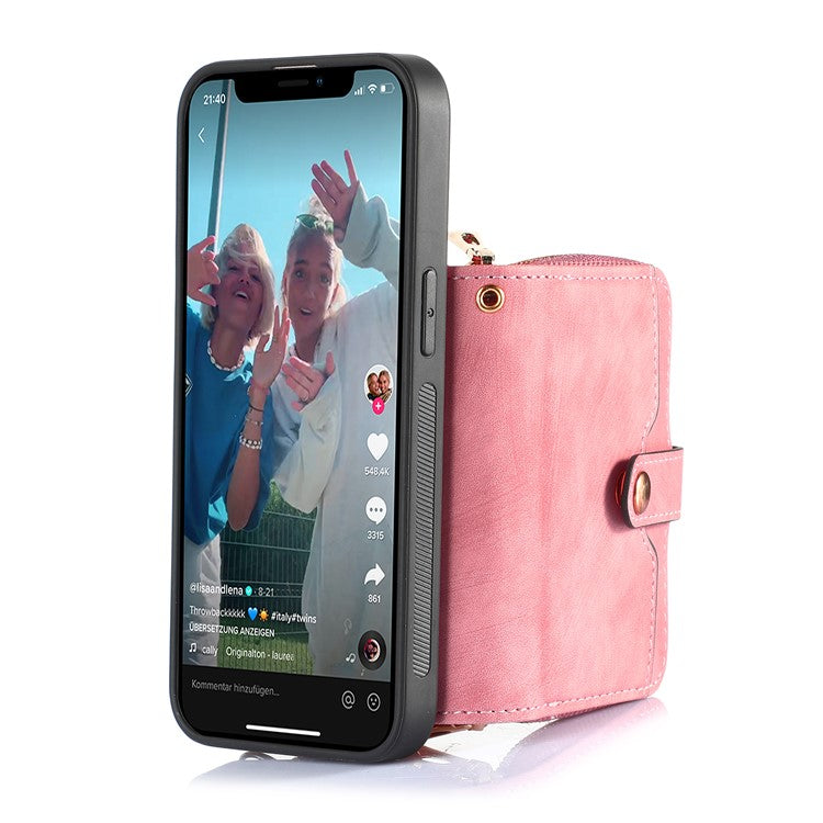D3 for iPhone 14 Case Card Holder Slots Zipper Pocket Leather Back Cover with Lanyard - Rose Pink
