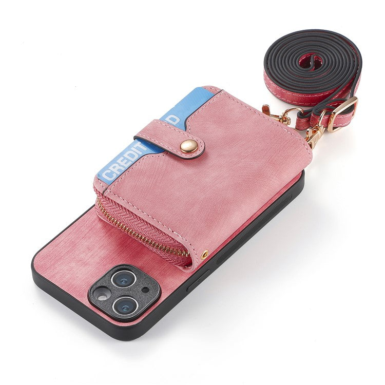 D3 for iPhone 14 Case Card Holder Slots Zipper Pocket Leather Back Cover with Lanyard - Rose Pink