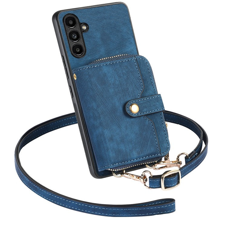 D3 For Samsung Galaxy A24 4G (162.1 x 77.6 x 8.3mm) Leather Case Zipper Wallet Retro Protective Cover - Blue