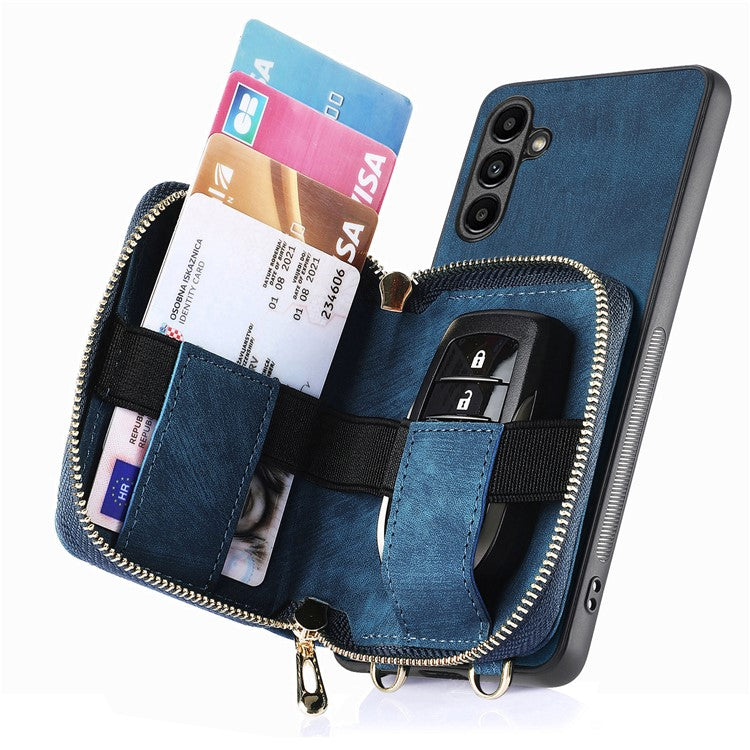 D3 For Samsung Galaxy A24 4G (162.1 x 77.6 x 8.3mm) Leather Case Zipper Wallet Retro Protective Cover - Blue
