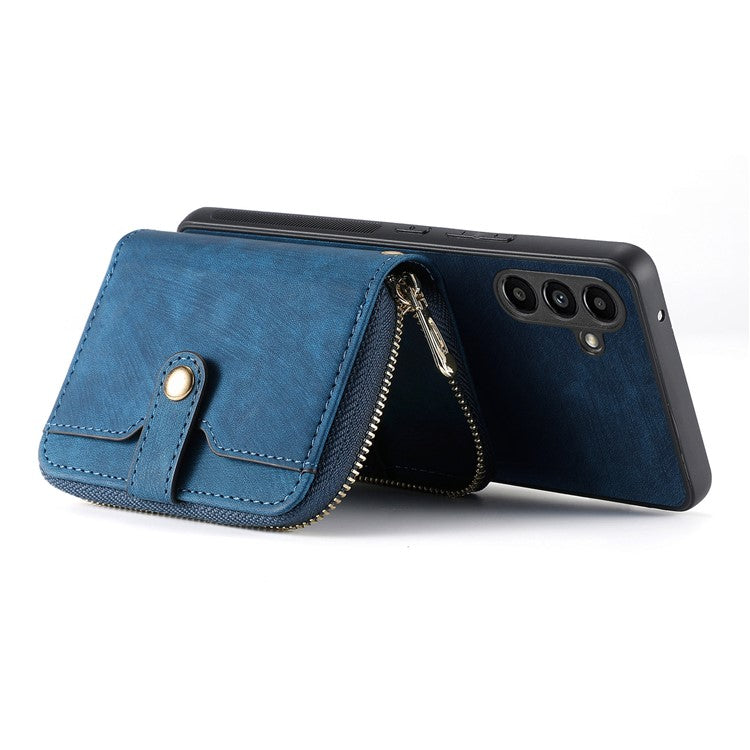 D3 For Samsung Galaxy A24 4G (162.1 x 77.6 x 8.3mm) Leather Case Zipper Wallet Retro Protective Cover - Blue