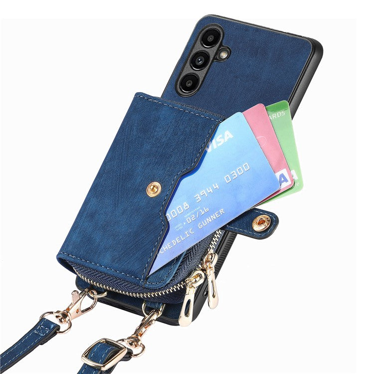 D3 For Samsung Galaxy A24 4G (162.1 x 77.6 x 8.3mm) Leather Case Zipper Wallet Retro Protective Cover - Blue
