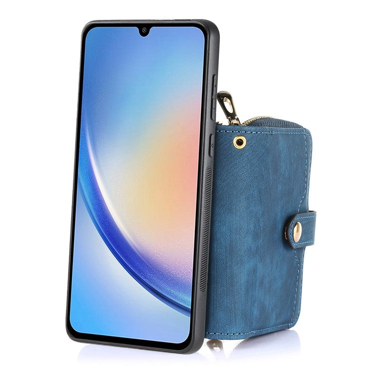 D3 for Samsung Galaxy A15 4G / 5G PU Leather+PC+TPU Case Retro Zipper Pocket Cover with Lanyard - Blue