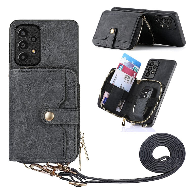 D3 For Samsung Galaxy A13 4G Shockproof Cover PU Leather+PC+TPU Phone Case Kickstand Zipper Wallet - Black