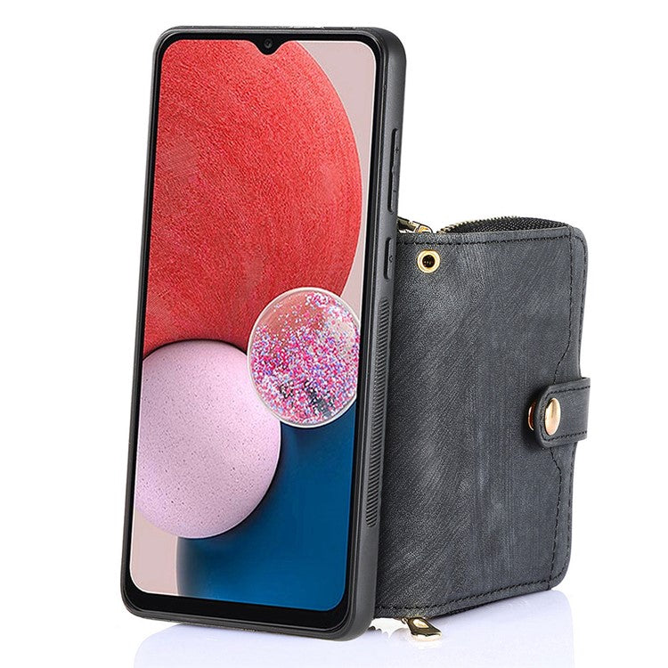 D3 For Samsung Galaxy A13 4G Shockproof Cover PU Leather+PC+TPU Phone Case Kickstand Zipper Wallet - Black