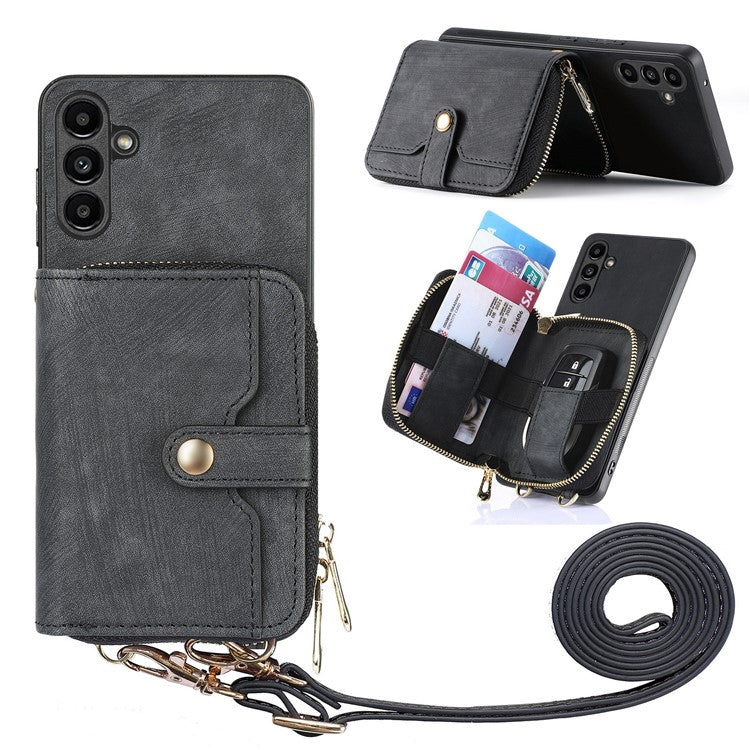 D3 for Samsung Galaxy A34 5G Zipper Pocket Case Leather+TPU+PC Crossbody Phone Cover - Black