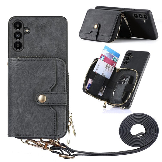 D3 for Samsung Galaxy A34 5G Zipper Pocket Case Leather+TPU+PC Crossbody Phone Cover - Black