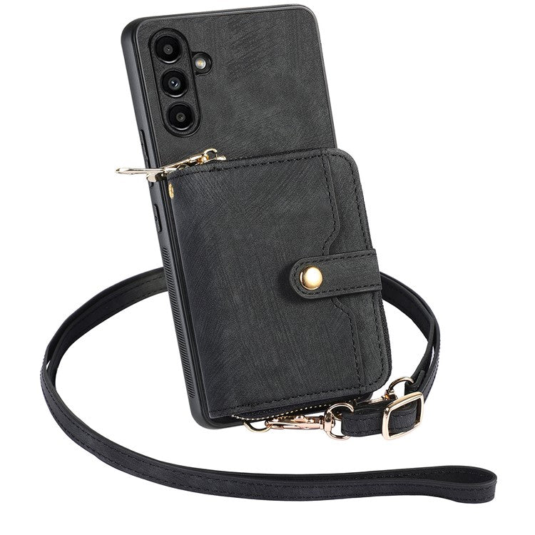 D3 for Samsung Galaxy A34 5G Zipper Pocket Case Leather+TPU+PC Crossbody Phone Cover - Black
