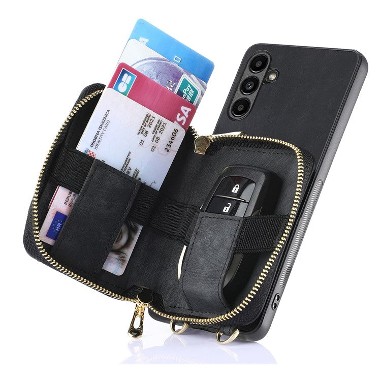D3 for Samsung Galaxy A34 5G Zipper Pocket Case Leather+TPU+PC Crossbody Phone Cover - Black