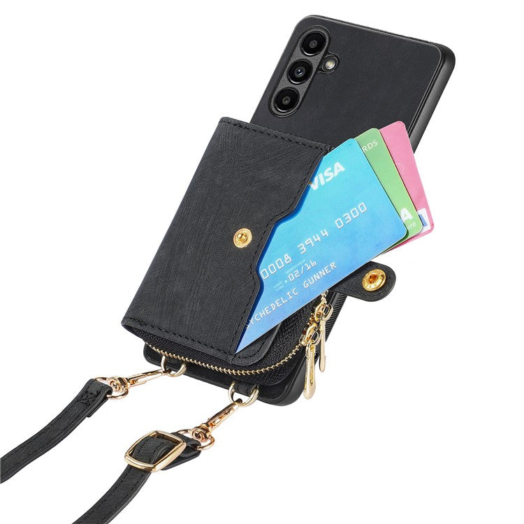 D3 for Samsung Galaxy A34 5G Zipper Pocket Case Leather+TPU+PC Crossbody Phone Cover - Black