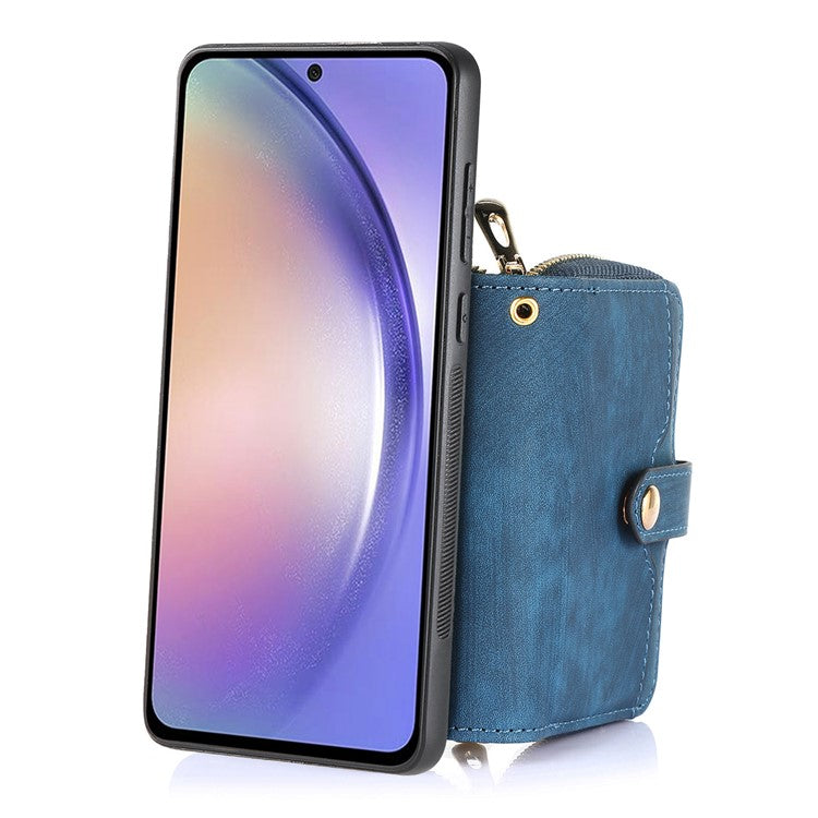 D3 For Samsung Galaxy A35 5G Anti-Scratch Shell PU Leather+PC+TPU Phone Case Zipper Wallet Retro Cover - Blue