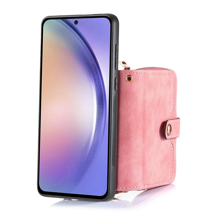 D3 For Samsung Galaxy A35 5G Anti-Scratch Shell PU Leather+PC+TPU Phone Case Zipper Wallet Retro Cover - Pink