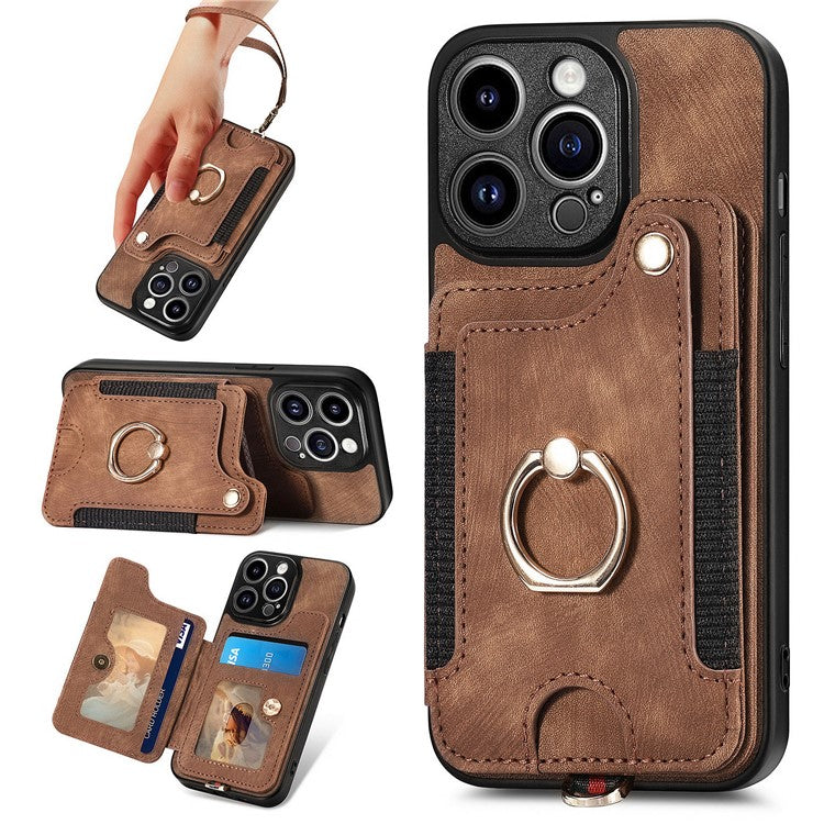 D4 For iPhone 14 Pro Max Case RFID Blocking Leather+TPU Phone Cover with Ring Kickstand - Brown