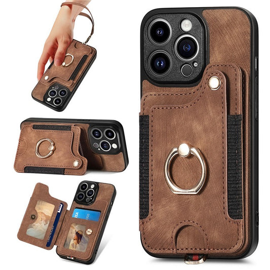 D4 For iPhone 14 Pro Max Case RFID Blocking Leather+TPU Phone Cover with Ring Kickstand - Brown