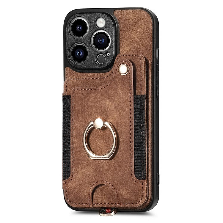 D4 For iPhone 14 Pro Max Case RFID Blocking Leather+TPU Phone Cover with Ring Kickstand - Brown