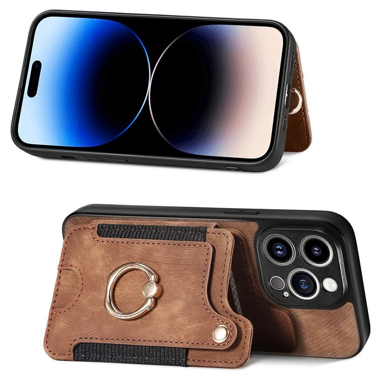 D4 For iPhone 14 Pro Max Case RFID Blocking Leather+TPU Phone Cover with Ring Kickstand - Brown