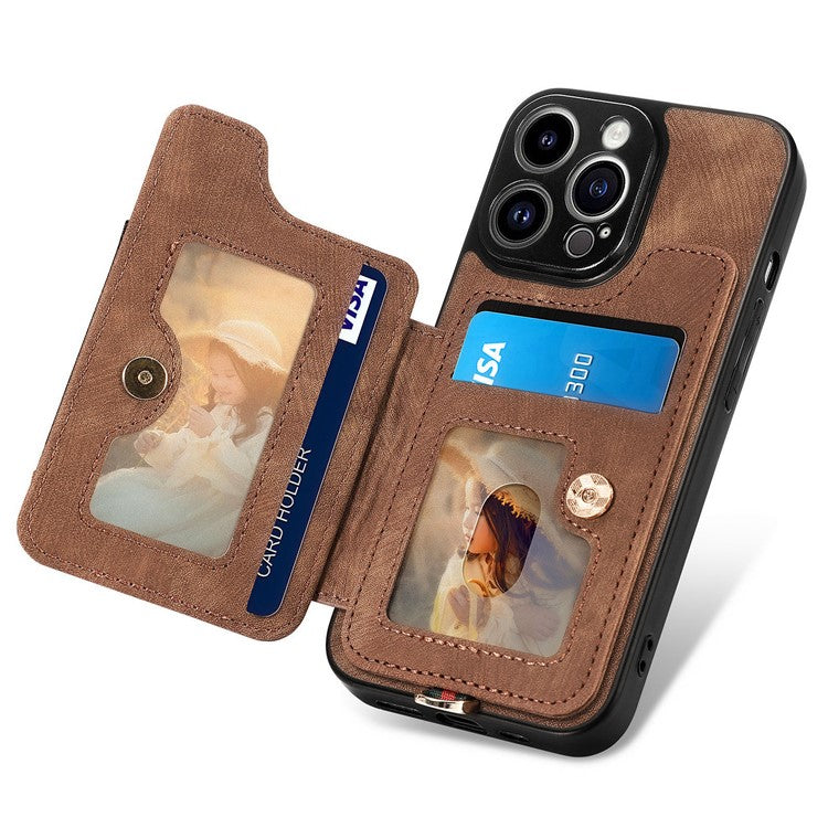 D4 For iPhone 14 Pro Max Case RFID Blocking Leather+TPU Phone Cover with Ring Kickstand - Brown