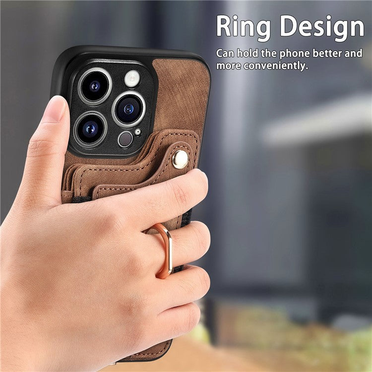 D4 For iPhone 14 Pro Max Case RFID Blocking Leather+TPU Phone Cover with Ring Kickstand - Brown