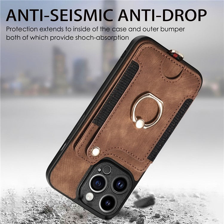 D4 For iPhone 14 Pro Max Case RFID Blocking Leather+TPU Phone Cover with Ring Kickstand - Brown