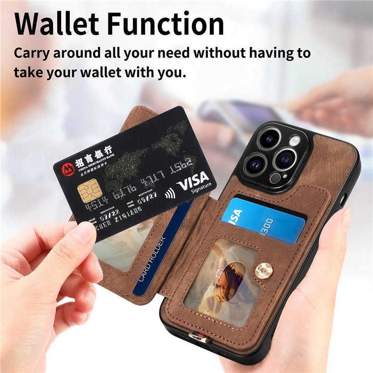 D4 For iPhone 14 Pro Max Case RFID Blocking Leather+TPU Phone Cover with Ring Kickstand - Brown