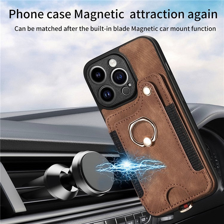 D4 For iPhone 14 Pro Max Case RFID Blocking Leather+TPU Phone Cover with Ring Kickstand - Brown