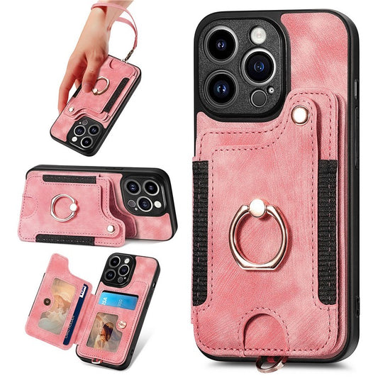 D4 For iPhone 14 Pro Cell  Phone Cases Vintage Card Slots Kickstand RFID Blocking Shell - Pink