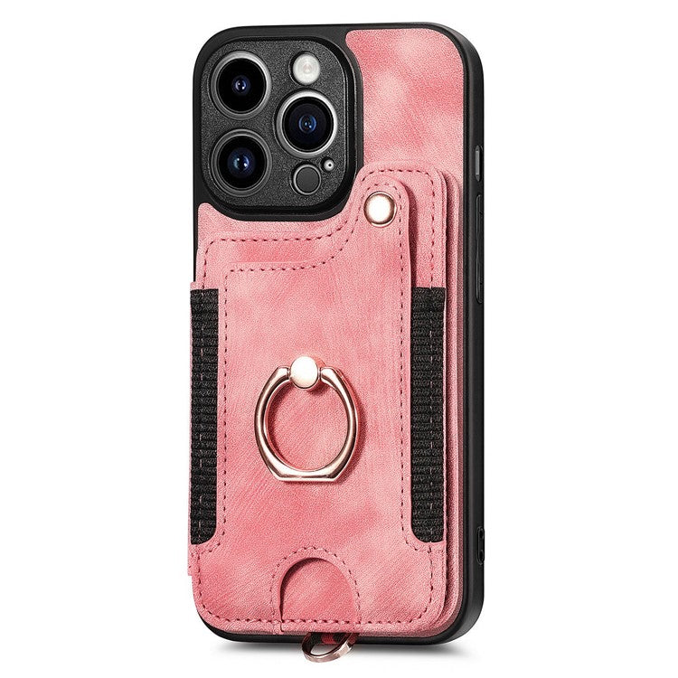 D4 For iPhone 14 Pro Cell  Phone Cases Vintage Card Slots Kickstand RFID Blocking Shell - Pink