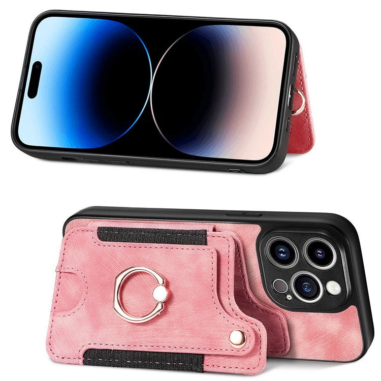D4 For iPhone 14 Pro Cell  Phone Cases Vintage Card Slots Kickstand RFID Blocking Shell - Pink