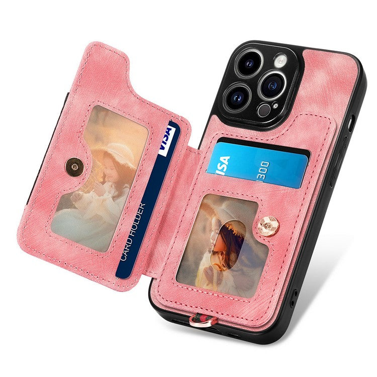 D4 For iPhone 14 Pro Cell  Phone Cases Vintage Card Slots Kickstand RFID Blocking Shell - Pink