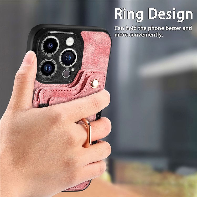 D4 For iPhone 14 Pro Cell  Phone Cases Vintage Card Slots Kickstand RFID Blocking Shell - Pink