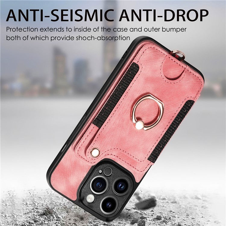 D4 For iPhone 14 Pro Cell  Phone Cases Vintage Card Slots Kickstand RFID Blocking Shell - Pink