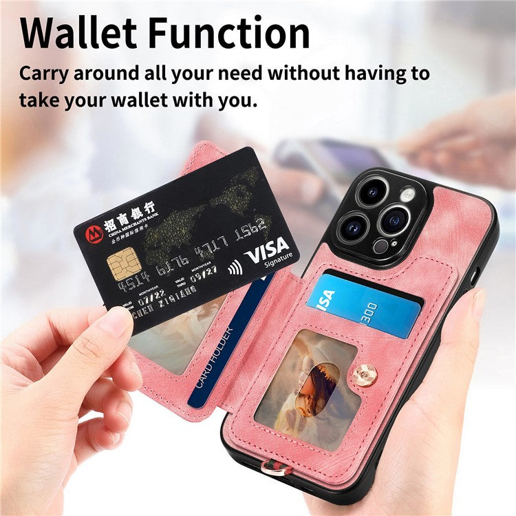 D4 For iPhone 14 Pro Cell  Phone Cases Vintage Card Slots Kickstand RFID Blocking Shell - Pink