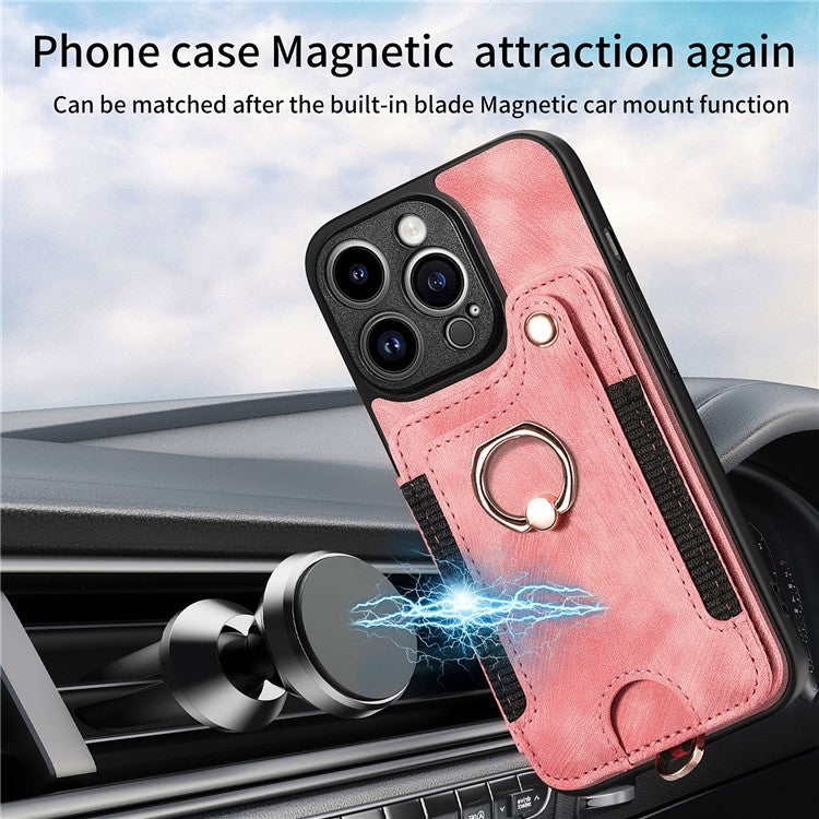 D4 For iPhone 14 Pro Cell  Phone Cases Vintage Card Slots Kickstand RFID Blocking Shell - Pink