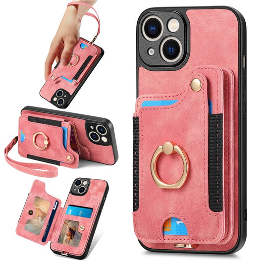 D4 For iPhone 14 Case Card Slots Kickstand RFID Blocking Leather Back Cover - Pink
